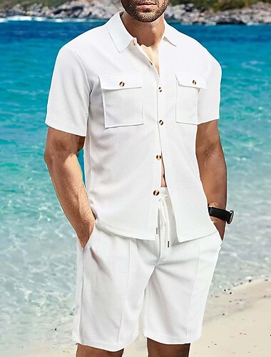  Hombre 2 Piezas Conjunto de camisa conjunto de verano Conjuntos a juego Camisa casual Abotonar la camisa Plano Vacaciones Diario Negro Blanco Rojo Verde Trébol Manga Corta Cuello Verano Ropa