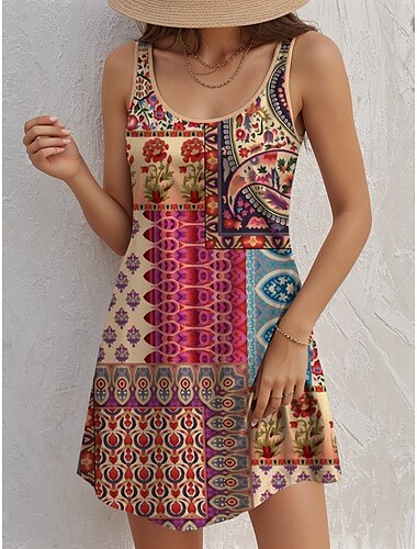  Damen Minikleid A Linie Kleid Tank-Top Kleid Vintage Stilvoll Brautkleider schlicht Täglich Regular Fit Blumen Graphic Farbblock Ärmellos U-Ausschnitt Magenta Sommer Frühling