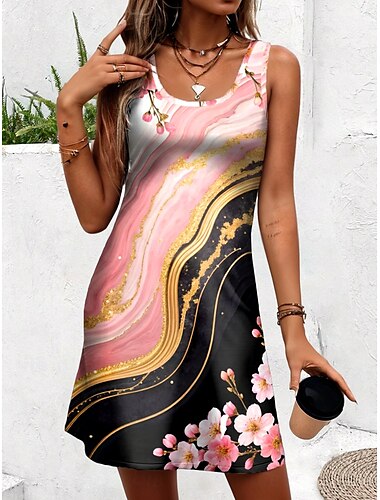  Damen Minikleid A Linie Kleid Tank-Top Kleid Sommerkleid Elegant Stilvoll Brautkleider schlicht Täglich Regular Fit Blumen Graphic Marmordruck Ärmellos U-Ausschnitt Hellrosa Sommer Frühling