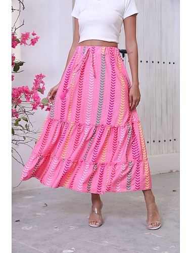  Women's Long Skirt Bohemia Boho Long Maxi High Waist Skirts Graphic Color Block Patchwork Print Micro-elastic Holiday Beach Rose Red Summer Polyester