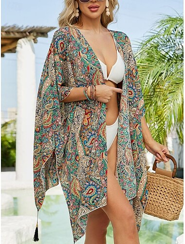  Trajes de baño para mujeres Cubrir Traje de baño Botones Ropa de playa de vacaciones Cuello en V de paisley Manga larga Trajes de baño