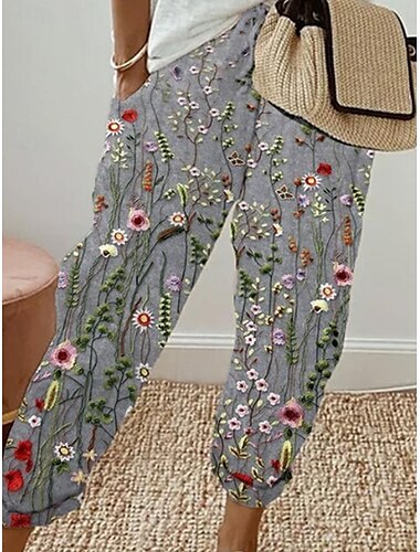  Pantalones baggy de algodón y lino para mujer Moda elegante vintage Largos Cintura alta Estampado floral Transpirable Suave Micro-elástico Exterior Diario Lino Ligero Gris claro Ajuste regular