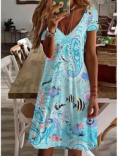  Damen Minikleid Freizeitkleid Elegant Stilvoll Lässig Täglich Normale Passform Blumen Grafik Kurzarm Rundhalsausschnitt Blau Lavendel Dunkelblau Sommer