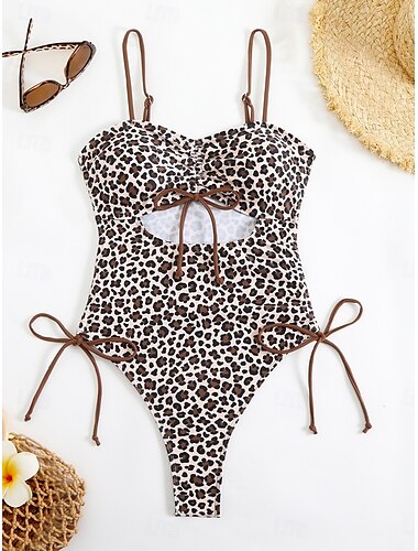  Damen Badeanzug Ein Stück Monokini Bademode Rückenfrei Bauchkontrolle Hohe Taillenlinie Schlank Urlaub Strandbekleidung Leopard V Ausschnitt Ärmellos Badeanzüge