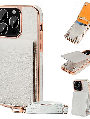  teléfono Funda Para iPhone 16 15 14 Pro Max Plus 13 Pro Max Funda Trasera con Soporte Magnética con cordón Retro Enchapado Cuero de PU