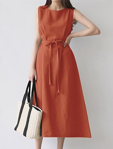  Per donna Abito Midi Misto cotone Abito a Tubino Vestito Estivo Vestito Casual Elegante Casual Quotidiano Vacanza Data Vestibilità regolare Semplice Senza Maniche Girocollo Arancione Beige Grigio