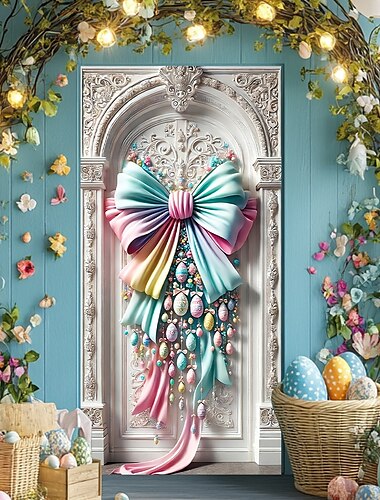  Door Decorations Door Covers Faux Wreath Eggs Door Tapestry Door Curtain Decoration Backdrop Indoor/Outdoor Door Banner for Front Door Farmhouse