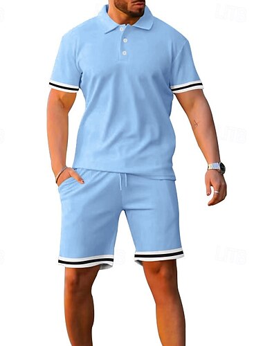  Per uomo Set di allenamento Tuta Da Ginnastica Polo e pantaloncini Impostato Set di abiti Bavero Esterno Giornaliero Sport Tasche A cordoncino 2 pezzi Liscio Nero Bianco Blu marino Poliestere