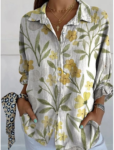  Damen Hemd Grafik täglich stilvoll retro vintage 3/4-Ärmel Hemdkragen reguläre Tops täglicher Urlaub Ausgehen Knöpfe gelb lila Sommer Frühling