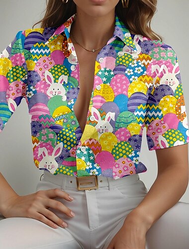  Pasqua Per donna Camicia Pop art Animali Giornaliero Manica corta Colletto Top regolari Giornaliero Arcobaleno Estate Primavera
