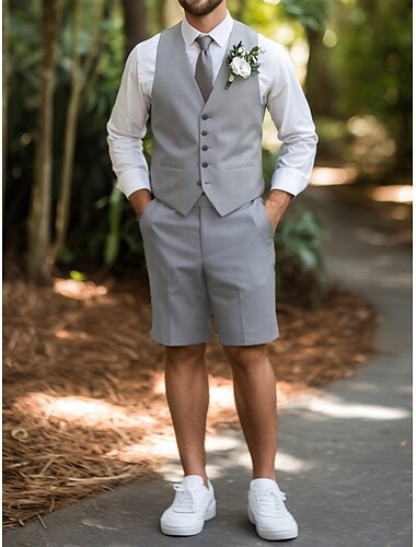  Heren Bruiloft Kostuums Vest Korte Bruidegoms Kostuums Luchtblauw Lichtgrijs Mode Casual Zomer Effen Slim Fit 2-delig