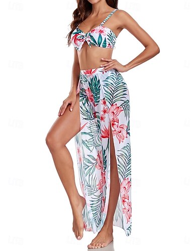  Damen Badeanzug Bikinis Drei Stück Rock Bademode Rückenfrei Schlank Hoch tailliert Urlaub Strandbekleidung Blumen Blätter V Ausschnitt Ärmellos Badeanzüge