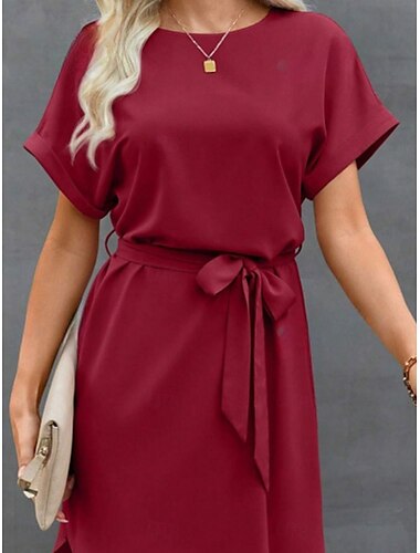  Damen Mini Kleid Wickelkleid T-Shirt Kleid Tee Kleid Einfarbig Freizeit Urlaub Street Freizeit reguläre Passform Grafik Kurzarm Rundhalsausschnitt Pink Wein Navy Blau Blau Sommer