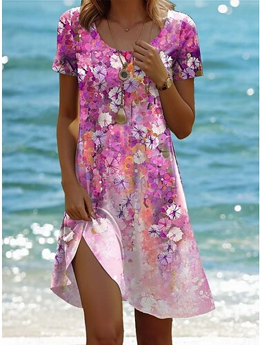  Damen Minikleid Casual kleid Böhmen Urlaub Tropisch Kappe Urlaub Festtage Strand Regular Fit Farbverlauf Graphic Tropisch Kurzarm Rundhalsausschnitt Weiß Rosa Blau Purpur Sommer Frühling
