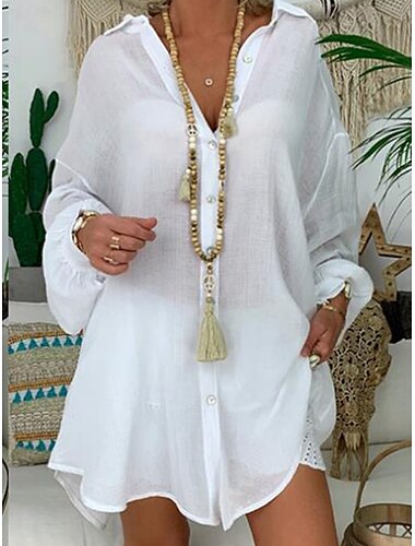  Femmes Chemise Chemises en coton et lin Boutonner Chemisier Couleur Unie Basique Occasionnel manche longue Col Polo Hauts Longs Quotidien Boutons Noir Blanche Bleu Gris Été