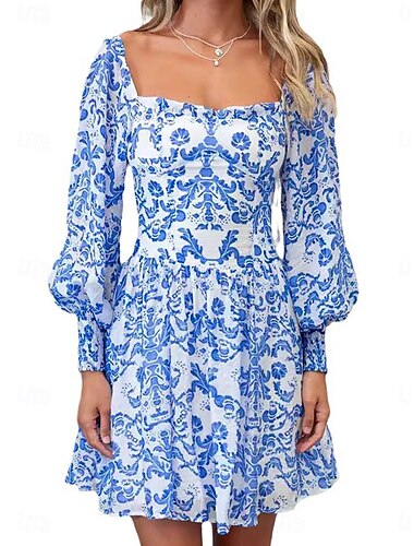  Damen Minikleid Corsagenkleider A Linie Kleid Milchmädchen-Kleid Kleid mit Puffärmeln Urlaub Urlaub Täglich Regular Fit Graphic Langarm Quadratischer Ausschnitt Blau Sommer