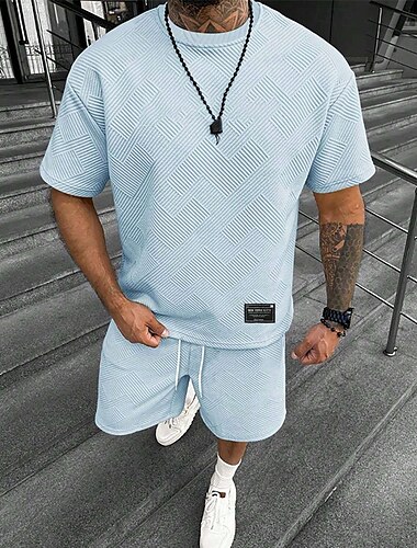  Hombre Jacquard Tracksuit Camiseta y pantalones cortos Conjunto Conjunto de atuendo Cuello Barco Exterior Diario Deportes Bolsillo Correa 2 Piezas Plano Negro Blanco Verde Claro Poliéster Ropa de