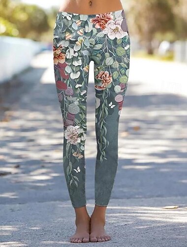  Womens Leggings Hosen Vintage Mode Lässig Voll Länge Hohe Taille Blumengrafikdruck Thermisch Warm Atmungsaktiv Weich Mikro-elastisch Urlaub Lässig Alltag Schwarz Weiß Pink Blau Reguläre Passform