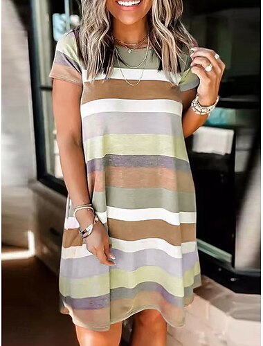  Damen Minikleid Etuikleid A Linie Kleid Sportliches Kleid Stilvoll Brautkleider schlicht Urlaub Täglich Regular Fit Streifen Kurzarm Rundhalsausschnitt Gelb Rote Blau Purpur Sommer