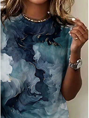  Damen T Shirt Graphic Batik Elegant Vintage Modisch Kurzarm Rundhalsausschnitt Normale Oberteile Täglich Ausgehen Wochenende Bedruckt Staubiges Blau Sommer