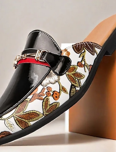  mules à enfiler pour homme en cuir verni noir brillant et motif imprimé floral, bride réglable, parfaites pour les occasions décontractées et à la mode