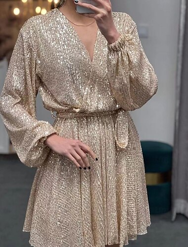  dámské flitrové šaty mini šaty šampaňské dlouhý rukáv čistá barva flitry zima podzim v výstřih vintage móda elegantní nafouknutý rukáv síťovaný xl