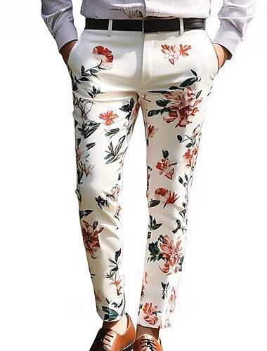  Herr Blommig Blommor Kostymbyxor Långbyxor Medium Midja Business Casual Utomhus Semester Streetwear Med fickor Slimmad passform Platt-Front Sommar Vår 3D-tryck Beige
