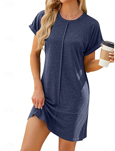  Letnia Sukienka Mini Damska Sukienka T-Shirt Sukienka Tee Sukienka Prosta Sukienka Sportowa Casul Na Wakacje Codzienna Regularna Silhouette Gładka Bez Rękawów Okrągły Dekolt Czarno-Wino Ciemnozielona