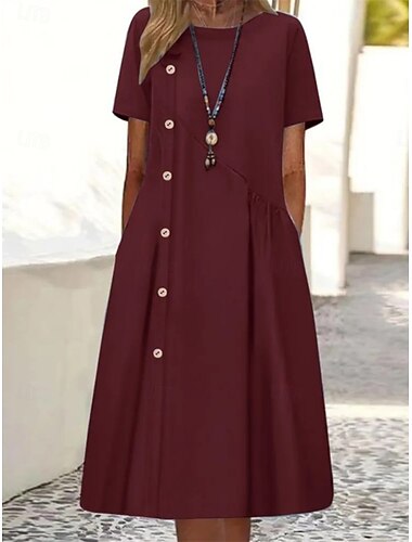  Damen Midikleid Baumwoll-Leinen-Kleider Freizeitkleid Basic Lässig Urlaub Täglich Normale Passform Einfach Kurzarm Rundhalsausschnitt Wein Blau Braun Sommer
