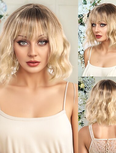  Synthetische Perücken Wellen Curly Webart Asymmetrischer Haarschnitt Gerader Pony Maschinell gefertigt Perücke 30 Zoll A1 Synthetische Haare Damen Klassisch Komfortabel Farbverläufe Mehrfarbig