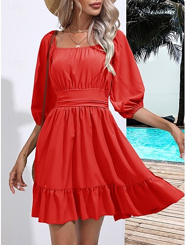  Robe mini femme Robe évasée Robe de laitière Robe épaules dénudées Robe à manches bouffantes Vacances Vacances Ajustement régulier uni à manches mi-longues col carré noir blanc vert clair rose été