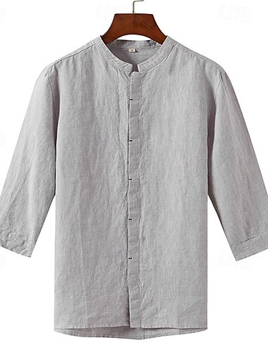  Herren Hemd Leinenhemd Freizeithemd Knopfhemd Einfach Urlaub Hawaiianisch Weiß Marineblau Khaki Grau Dreiviertelarm Großvaterkragen Frühling Herbst Bekleidung Button-Down