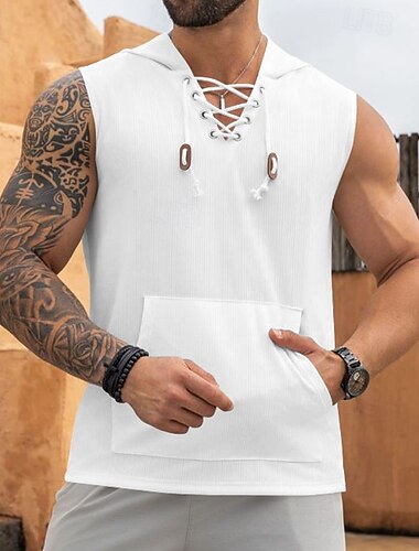  Per uomo Canotta Felpa con cappuccio senza maniche Maglietta senza maniche Senza Maniche Con Cappuccio Estate Striscia di Fossa Moda Designer Muscolo Allacciato Tasca All'aperto Palestra Nero Bianco