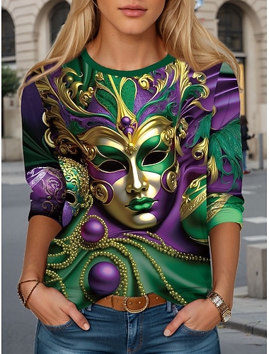  Carnaval Dames T-shirt Crew Neck Lange Mouwen Tuniek Grafisch Casual Reguliere Tops Dagelijkse Print Groen Lente Fall