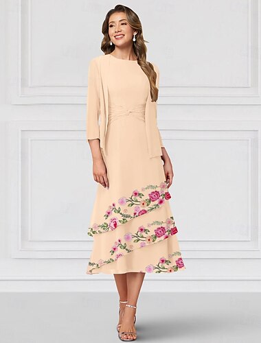  Zwei-teiliges A-Linie Kleid Mutter der Braut Elegant Rundhals Bodenlänge Chiffon Langarm Wickel inklusive mit Spitzenrüschen Stufen Derby Kleid 2025