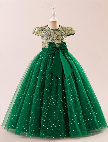  kinderkleidung Mädchen Party Kleid Feste Farbe Kurzarm Leistung Geburtstag Krawattenknoten Elegant Schön Polyester Maxi abendkleider Schaukelkleid A Linie Kleid Sommer 6-12 Y Schwarz Champagner Rosa