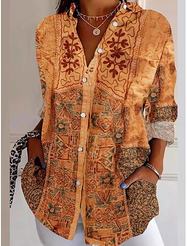  Femmes Chemise Fleuri Occasionnel manche longue Col de chemise Hauts Réguliers Travail Quotidien Boutons Imprimé Jaune Printemps Automne Hiver