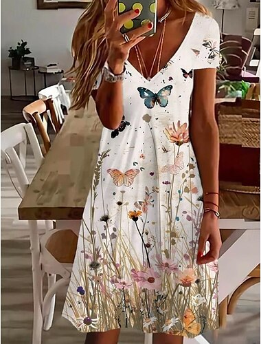  Damen Mini Kleid Petite Kleid T-Shirt Kleid Tee Kleid Sommerkleid A-Linie Kleid Elegant Vintage Stylish Urlaub Geburtstag Casual Regular Fit Floral Grafik Paisley Kurzarm V-Ausschnitt Perle
