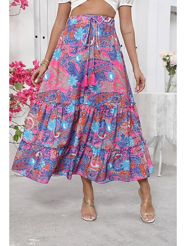 Dames Lange rok Bohemen Boho Lange Lengte Maxi Hoge taille Rokken Grafisch Kleurenblok Lapwerk Afdrukken Micro-elastisch Feestdagen Strand blauw Zomer Polyester