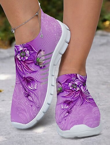  Flyknit-Sneaker mit Blumendruck, atmungsaktivem Obermaterial, leichter Sohle und bequemer Passform für gemütliche Spaziergänge und Outdoor-Aktivitäten
