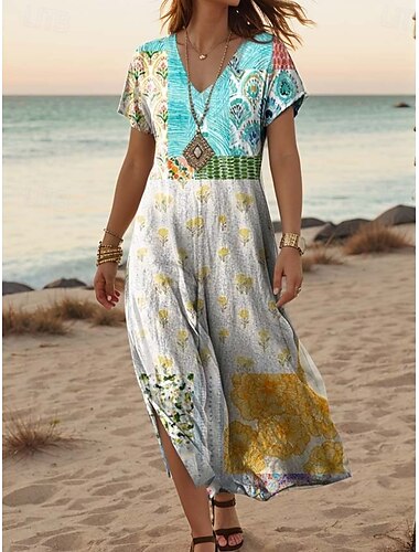  Damen Maxikleid Freizeitkleid A Linie Kleid Stilvoll Lässig Urlaub Täglich Normale Passform Blumen Kurzarm V Ausschnitt Weiß Hellgrün Blau Grün Sommer Frühling