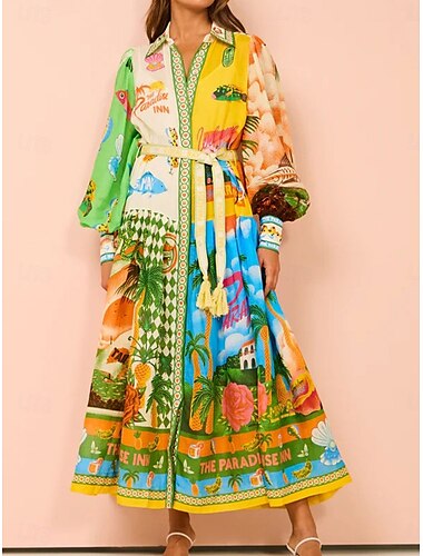  Damen Midikleid A Linie Kleid Figurbetontes Kleid Kleid mit Puffärmeln Urlaub Puffärmel Urlaub Casual Täglich Regular Fit Graphic Langarm Hemdkragen Grün Sommer