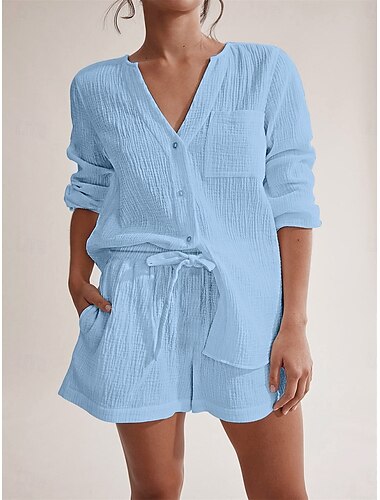  Damen Hausanzug Brautkleider schlicht Komfort Einfarbig Knopf Kordelzug Strickjacke Kurze Hosen Heim Täglich Langarm V Ausschnitt Weiß Gelb Hellgrün Blau Orange Sommer Frühling Regular Fit