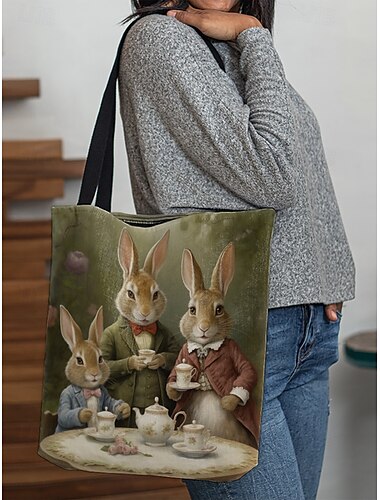 Damen-Einkaufstasche mit skurrilem Hasenmotiv – Vintage-Illustration einer Teeparty, strapazierfähiges Canvas, perfekt für Ostern und Frühlingsausflüge