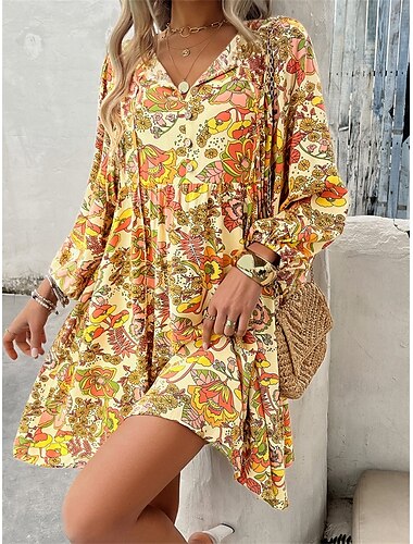  Pentru femei Rochie Mini Rochie de schimb Rochie cu maneci bufante Stilat Casual Vacanță Casual Zilnic Fit regulat Floral Grafic Manșon Lung În V Negru Galben Albastru piscină Mov Vară Primăvară