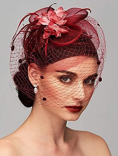  hoed Tule Fedorahoed Bruiloft Paardenrace Elegant Vintage Met Veer Helm Hoofddeksels