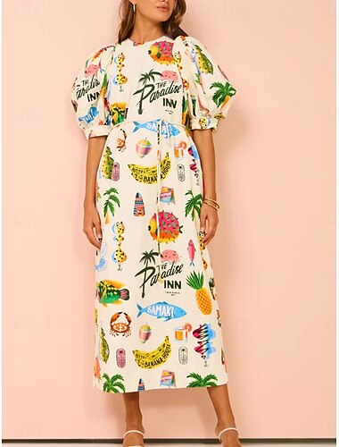  Damen Midikleid Etuikleid Kleid mit Puffärmeln Urlaub Brautkleider schlicht Puffärmel Urlaub Täglich Regular Fit Graphic Kurzarm Rundhalsausschnitt Beige Sommer