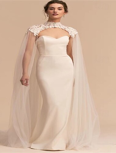  Spitzenapplikationen Off-Shoulder Stehkragen Netzschal transparent Cape Knopfverzierung kleine Schleppe Braut Bühnenkostüm