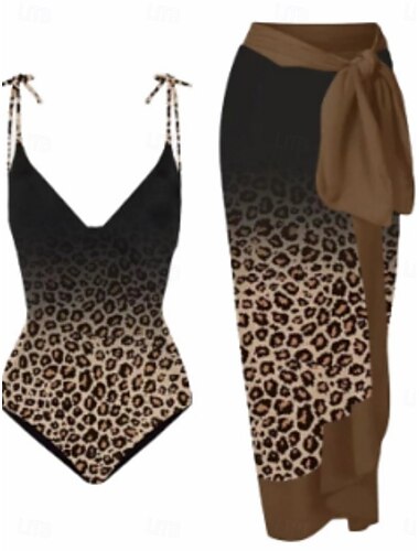  Dames Zwemkleding Een stukje 2 stuks Rok Zwempak Blote rug Buikcontrole Hoge taille Slank Vakantie Strand Kleding Luipaard V-hals Mouwloos Badpakken