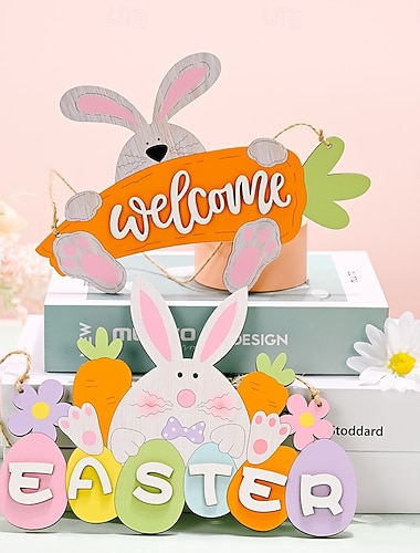  Conjunto de 2 enfeites de Páscoa em madeira com letras e coelhinhos da Páscoa para pendurar na parede ou porta. Acessórios festivos para decoração de casa na primavera.